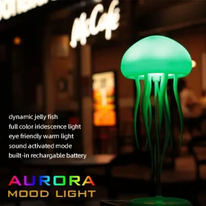 Aurora Mood Light, Dynamic Jellyfish LED Lamp, RGB Gradient, Voice Control, Hanging Indoor Light, Eye-Friendly Warm Light, Sound Activated, Rechargeable Battery, USB Dual Power, Plastic Material, Button Switch, ：36V, 600mAh Battery Capacity