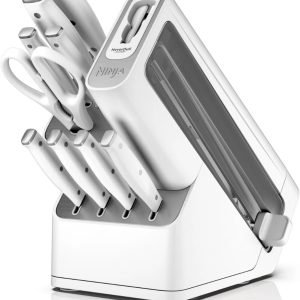 Ninja Foodi NeverDull Knife Set K12010, High Carbon Stainless Steel, Built-In Sharpener, Ergonomic Handle, Durable 10pc Kitchen Knife Block Set (White)