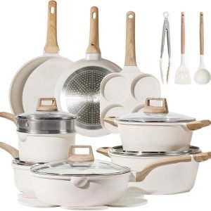 Anniversary Celebration and While Stocks Last! Just $ 99：CAROTE 21pcs Pots and Pans Set, Nonstick Cookware Sets, White Granite Induction Cookware Non Stick Cooking Set w/Frying Pans & Saucepans(PFOS, PFOA Free)