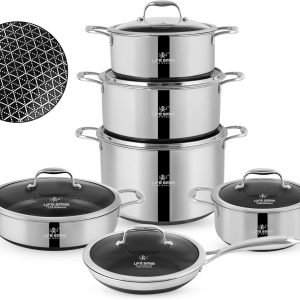 LIFE SMILE Cookware Set 12 Pieces - Pure 18/10 Stainless Steel with Ultra Non Stick Hybrid Scratch Proof Non Toxic Coating - 100% PFOA, PTFE & PFOS Free - Oven Safe Induction Base Pots and Pans Set