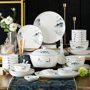 60-Piece Dinnerware Set, Porcelain Dinnerware Sets, Bone China Dinner Dishes Set, Plates/Bowls/Spoons and Soup Pot, for 12, Box Pack,
