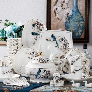 60 Pieces Bone China Dinnerware Set, Fine Porcelain Kitchen Bowls Diner Plates,Chip Resistant, Service for 10