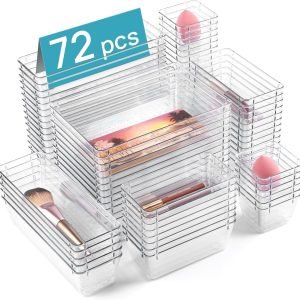 Anniversary Celebration While Stocks Last Just $ 69：Vtopmart 72 PCS Clear Plastic Drawer Organizers Set, 4-Size Versatile Bathroom and Vanity Organizer Trays, Non-Slip Storage Containers for Makeup, Jewelries, Bedroom：Kitchen Utensils and Office