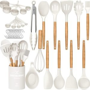 ⚡New Year Special🔥Umite Chef Kitchen Cooking Utensils Set, 33 pcs Non-Stick Silicone Cooking Kitchen Utensils Spatula Set with Holder, Wooden Handle Silicone Kitchen Gadgets Utensil Set